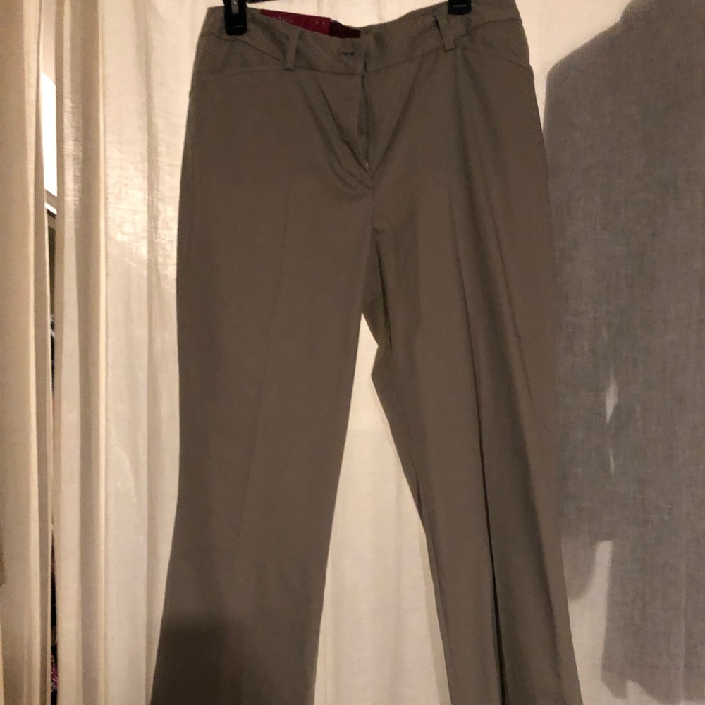 212 Collection. Khaki, bootcut trousers.